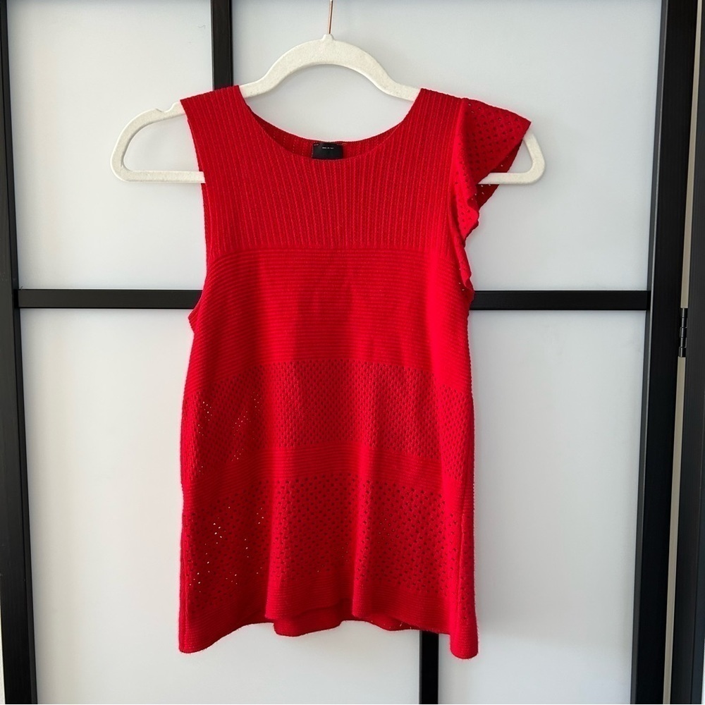 [S] Pinko Italian Luxury Viscose Knit Tank with Ruffle Edge in Candy Apple Red - Picture 3 of 11